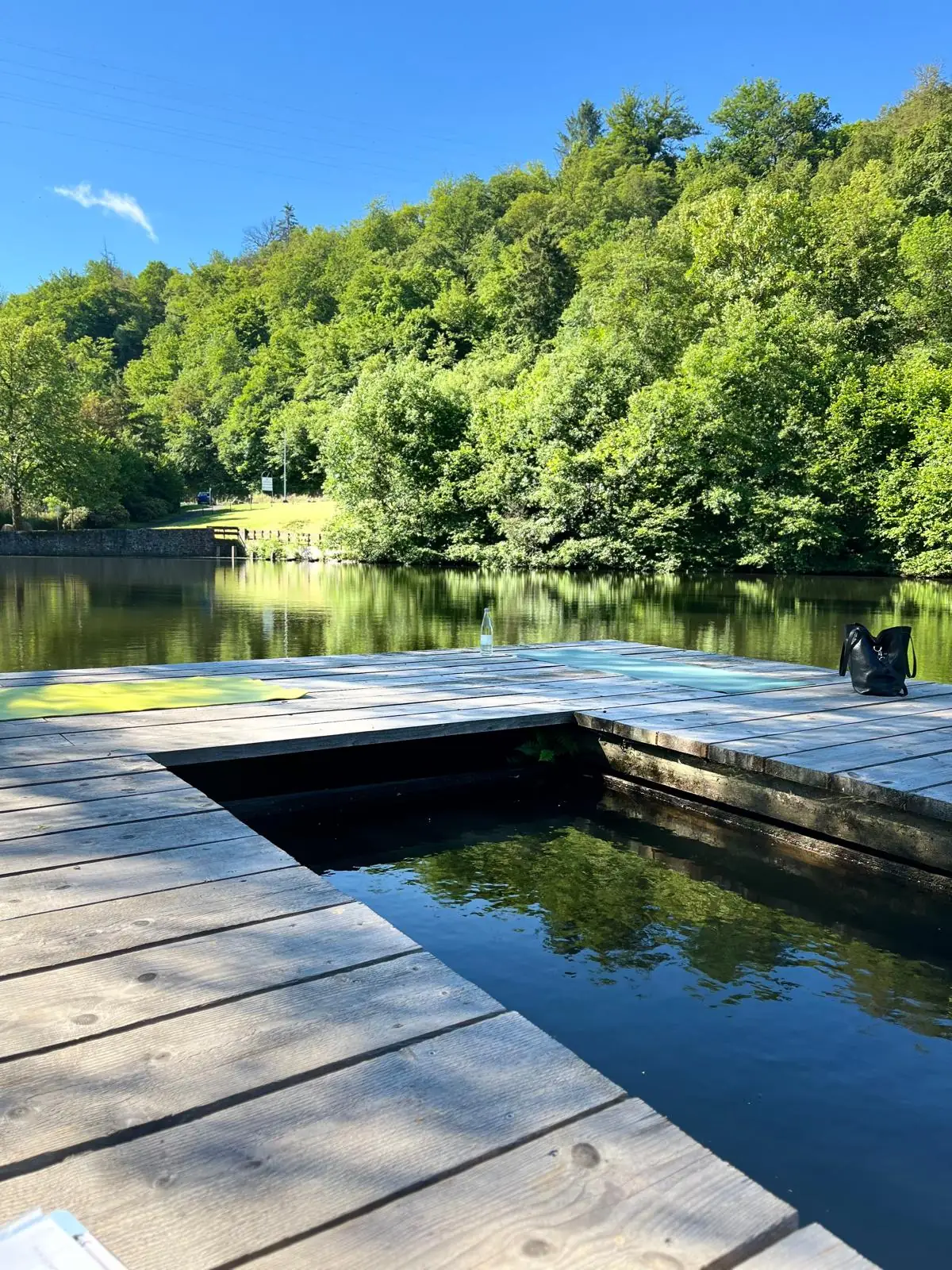 Der Holzsteg mit Blick über das stille Wasser